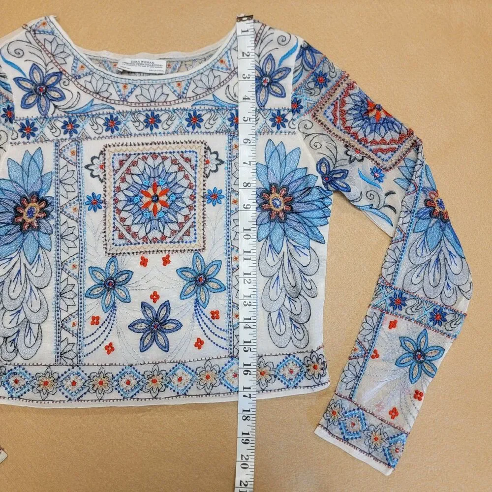 Zara Boho Hippie Women's Small Shirt White Blue Beaded Cropped Sheer Back Blouse